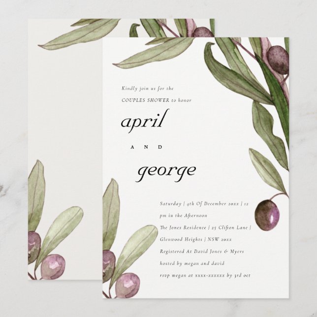 OLIVE WATERCOLOR FOLIAGE COUPLES SHOWER INVITE (Front/Back)
