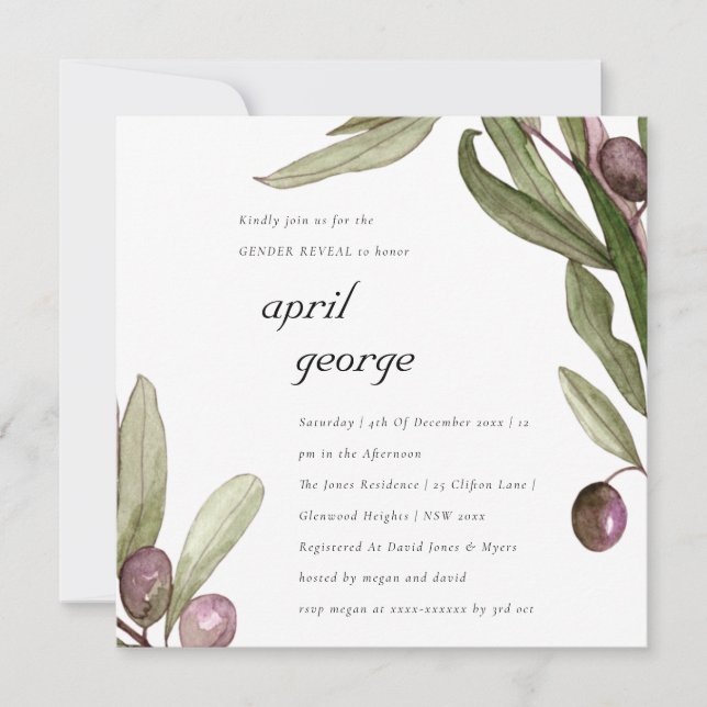 OLIVE WATERCOLOR FOLIAGE GENDER REVEAL INVITE (Front)