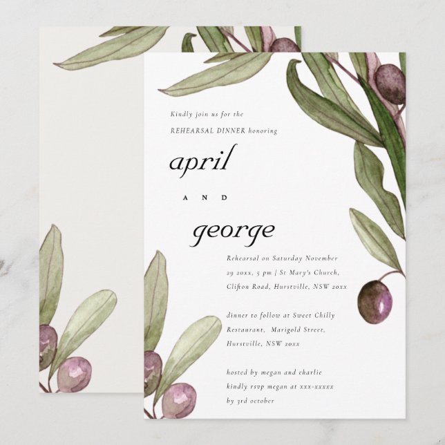 OLIVE WATERCOLOR FOLIAGE REHEARSAL DINNER INVITE (Front/Back)