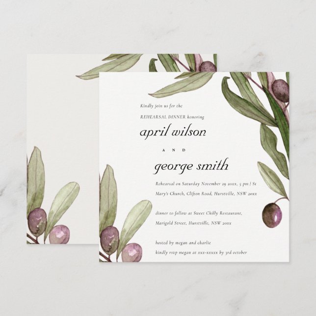 OLIVE WATERCOLOR FOLIAGE REHEARSAL DINNER INVITE (Front/Back)