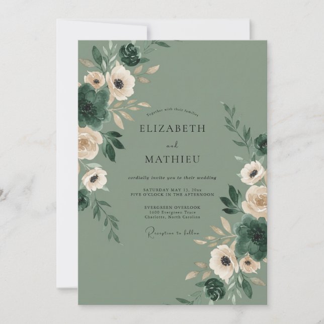 Olive Watercolor Petal Wedding Invitation (Front)