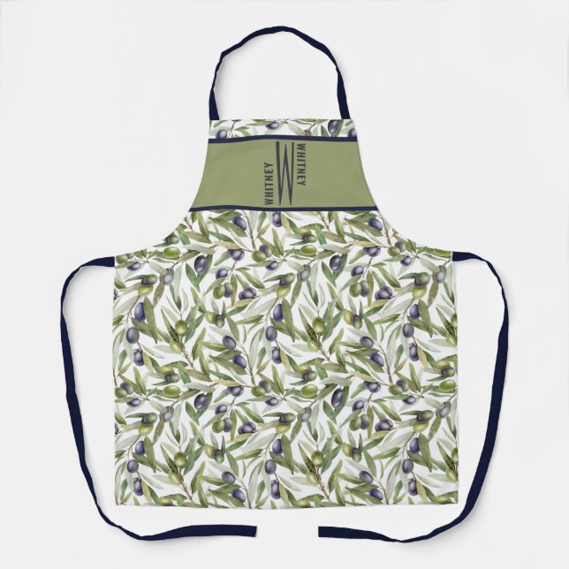 Olive Watercolour French Country Monogram Name Apron (Front)
