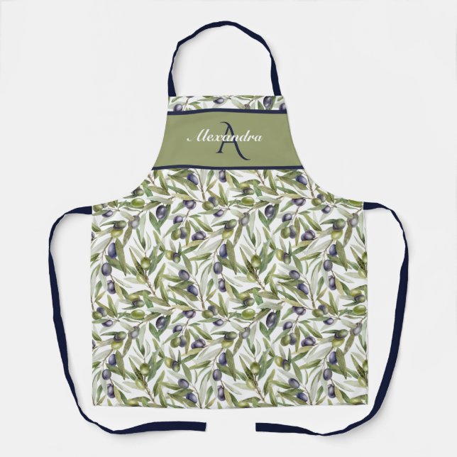 Olive Watercolour French Country Monogram Name Apron (Front)