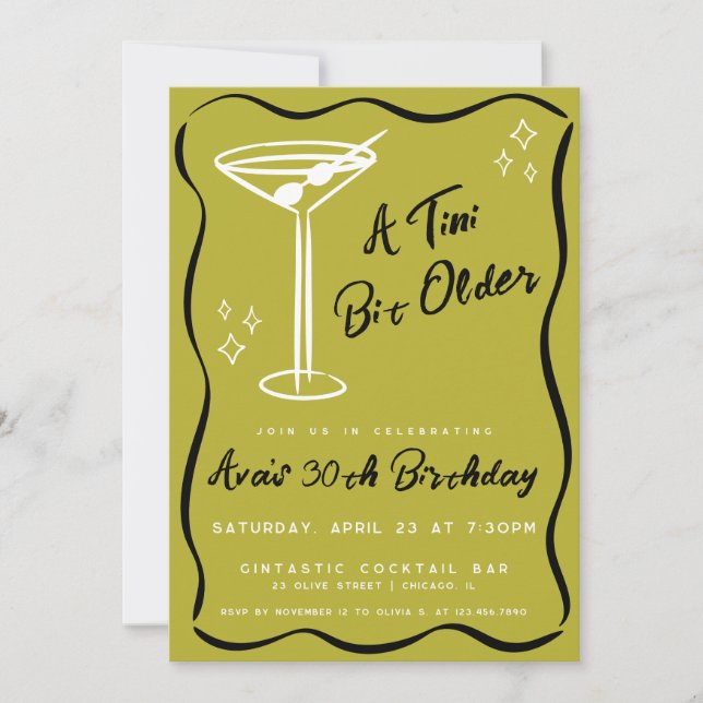 Olive Whimsical Tini Bit Older Martini Birthday Invitation (Front)