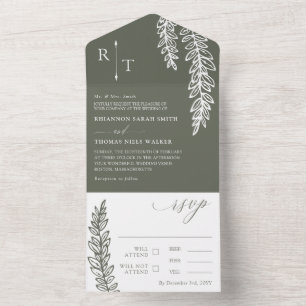 Olive White Greenery Monogrammed Wedding All In One Invitation