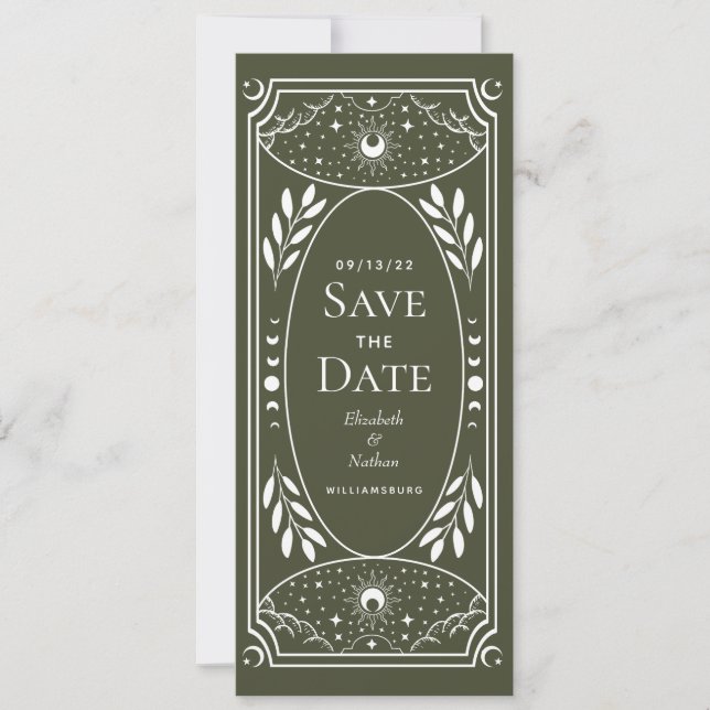 Olive & White Mystical Tarot Card Save the Date (Front)