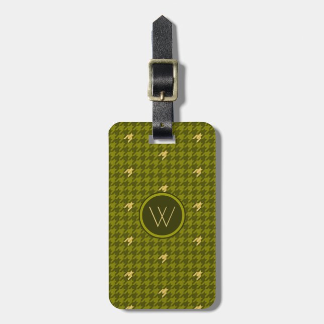 Olive with Gold Accent Houndstooth Luggage Tag (Front Vertical)
