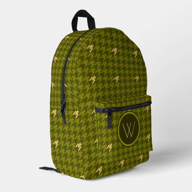 Olive with Gold Accent Houndstooth Printed Backpack (Back Corner Left)