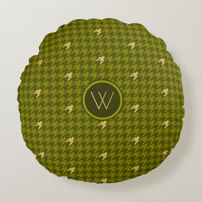 Olive with Gold Accent Houndstooth Round Pillow (Front)