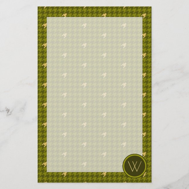 Olive with Gold Accent Houndstooth Stationery (Front)