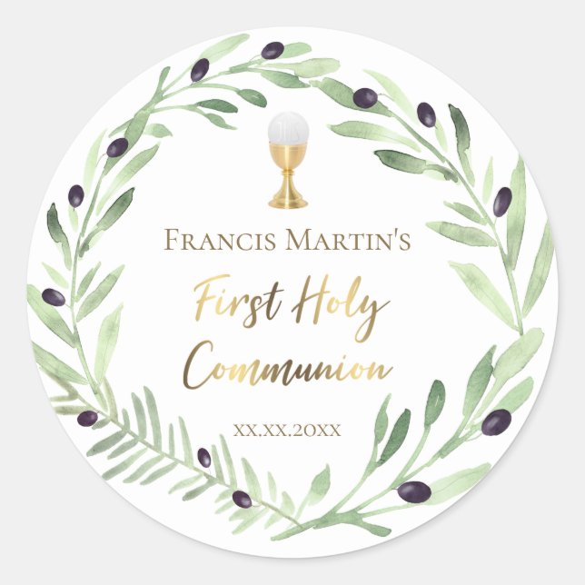 olive wreath First holy Communion Classic Round Sticker (Front)