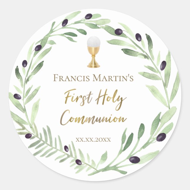 olive wreath First holy Communion Classic Round Sticker (Front)