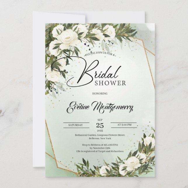 Olive wreath forest dusty green white roses boho invitation (Front)