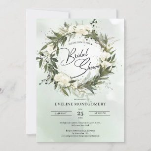 Olive wreath forest green leaves white roses boho invitation
