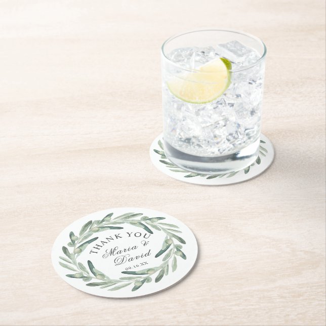 Olive Wreath Greenery Wedding Thank You Favour Round Paper Coaster (Insitu)