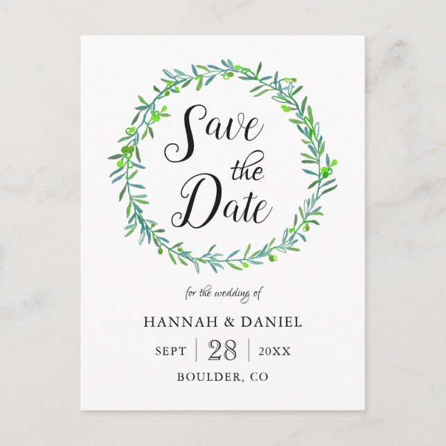 Olive Wreath Leaves Wedding Save the Date Announcement Postcard (Front)
