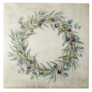 Olive Wreath Mediterrean Watercolors Rustic Tile