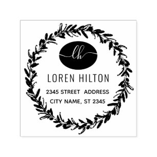 Olive wreath  monogram return address rubber stamp