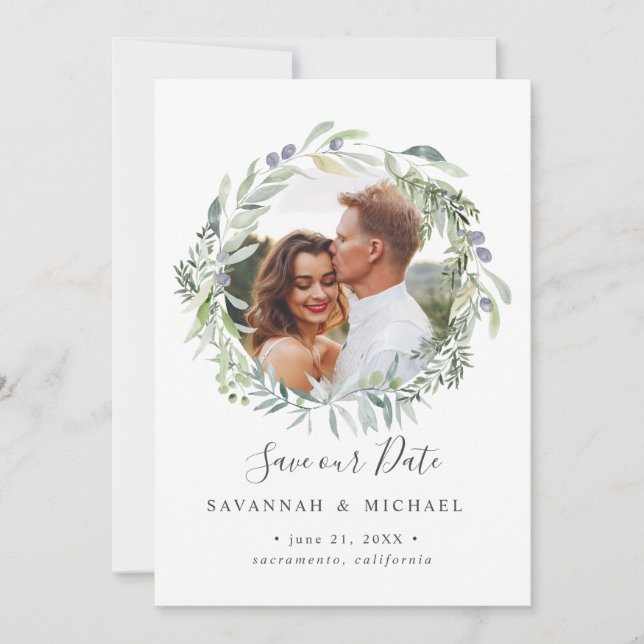 Olive Wreath Photo wedding save the date (Front)