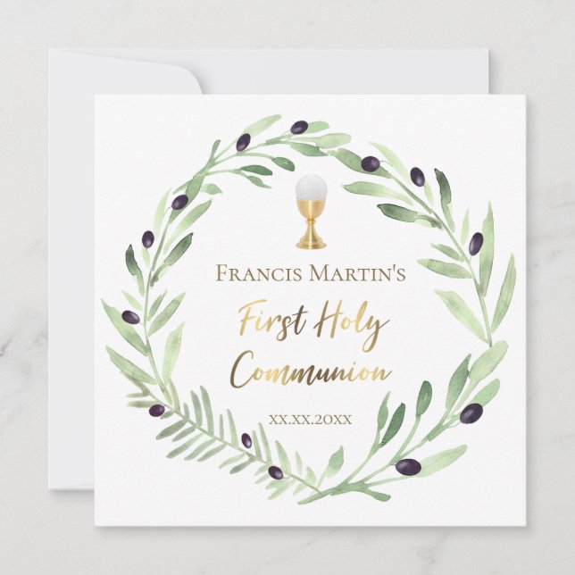 olive wreath watercolor First holy Communion Invitation (Front)