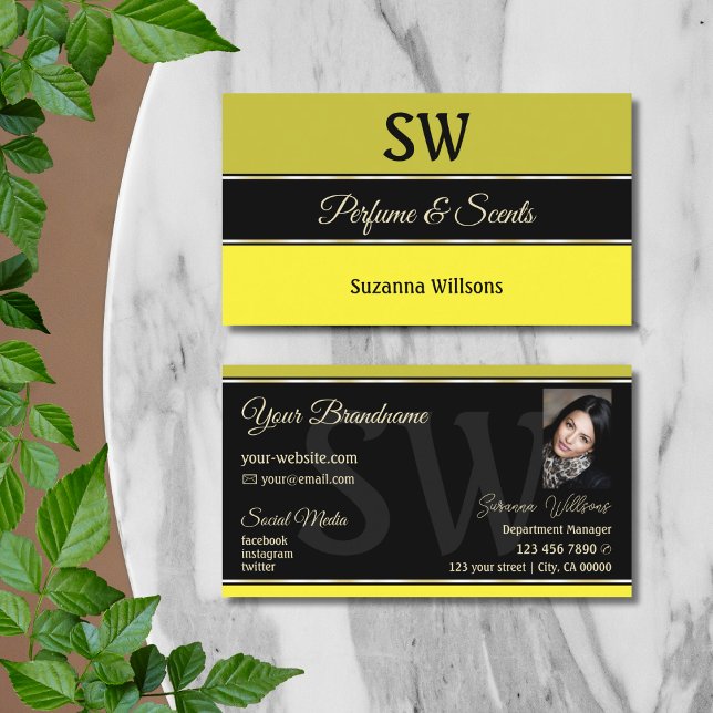 Olive Yellow Borders on Black Monogram and Photo Business Card (Creator Uploaded)