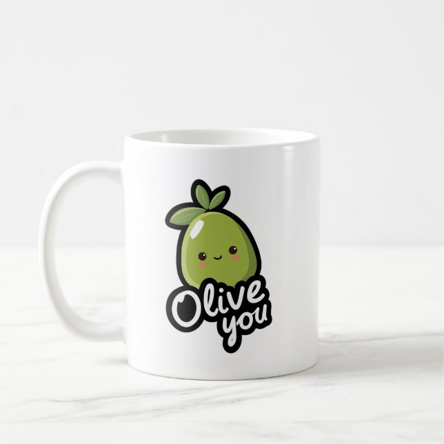 Olive You – Cute Kawaii Olive Pun Design Coffee Mug (Left)