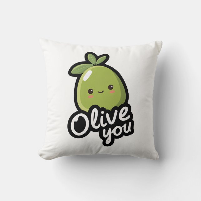Olive You – Cute Kawaii Olive Pun Design Cushion (Front)