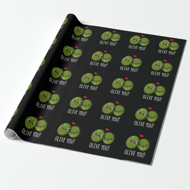 Olive You Funny Love Pun Dark BG Wrapping Paper (Unrolled)