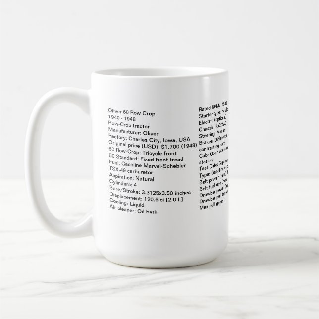 Oliver 60 Row Crop Mug With Tractor Specs! (Left)