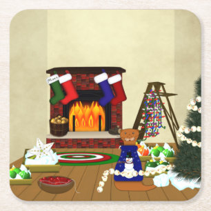 Oliver Decorates for Christmas Square Paper Coaster