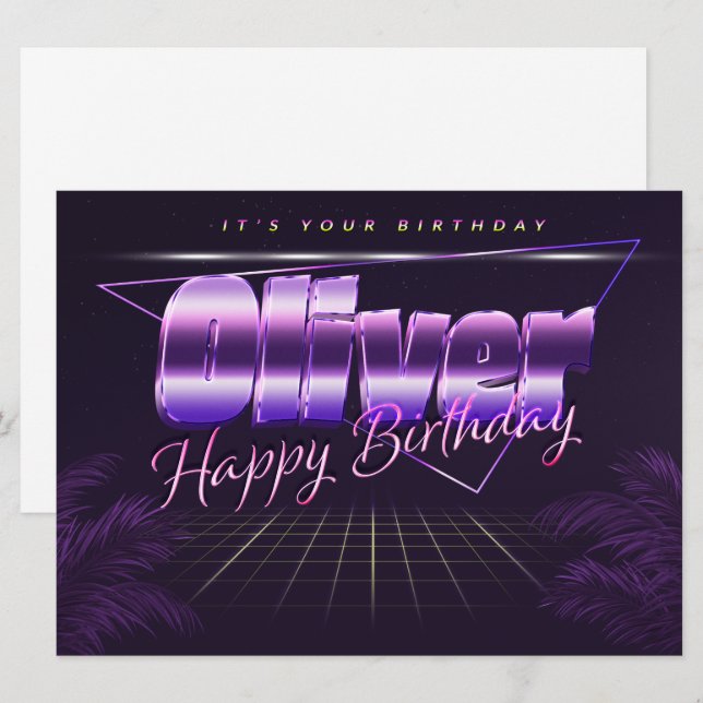 Oliver Name First name lila retro Map Birthday Card (Front/Back)
