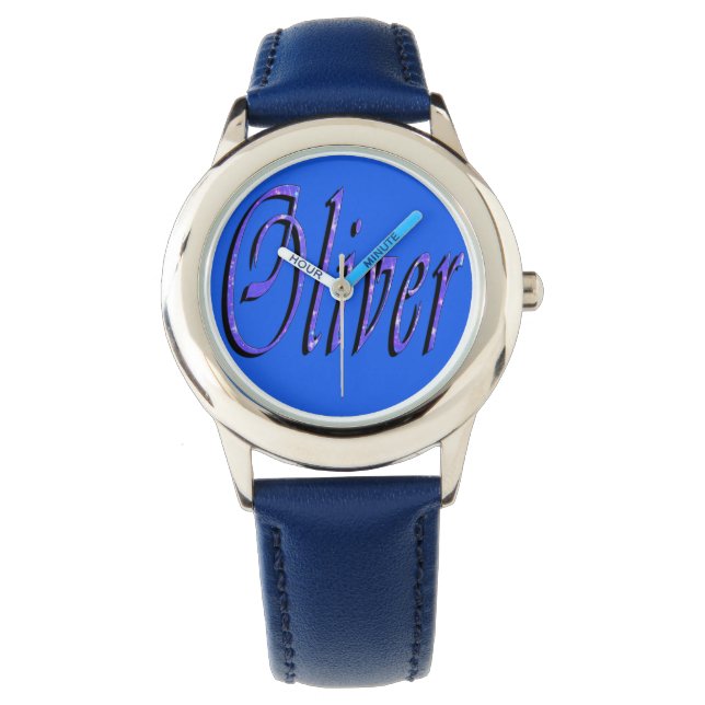 Oliver, Name, Logo, Boys Blue Leather Watch (Front)