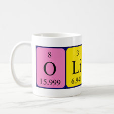 Mug featuring the name Oliver spelled out in symbols of the chemical elements