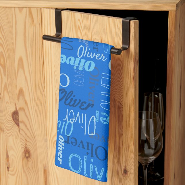 Oliver personalised name shades of blue tea towel (Thirds Fold)