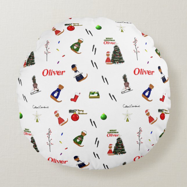 Oliver The Otter Christmas Random Pattern Round Cushion (Front)