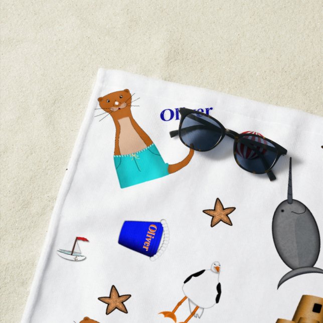 Oliver The Otter Summer Beach Vacation Pattern Beach Towel (In Situ)