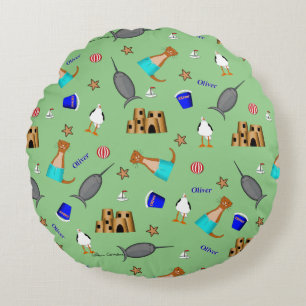 Oliver The Otter Summer Beach Vacation Pattern Round Cushion