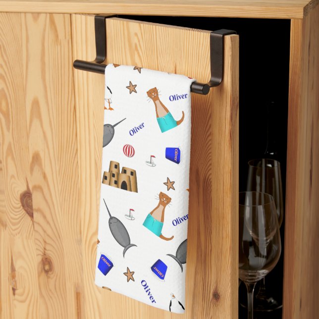 Oliver The Otter Summer Beach Vacation Pattern Tea Towel (Thirds Fold)