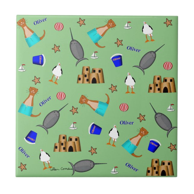 Oliver The Otter Summer Beach Vacation Pattern Tile (Front)