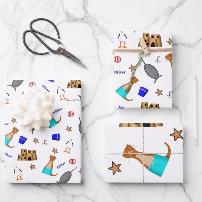 Oliver The Otter Summer Beach Vacation Pattern Wrapping Paper Sheet (Front)