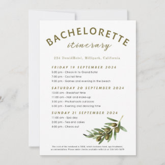 Olives Bachelorette itinerary Invitation