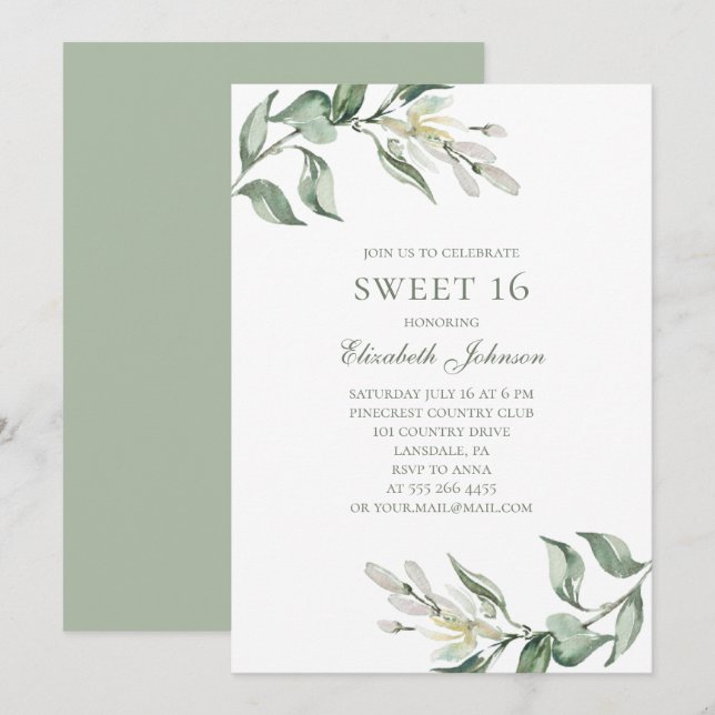 Olives. Flowers Sweet 16. Summer 16th birthday Invitation (Front/Back)