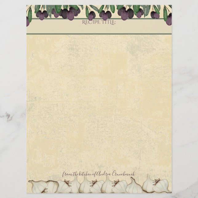 Olives garlic personalised recipe letterhead (Front)