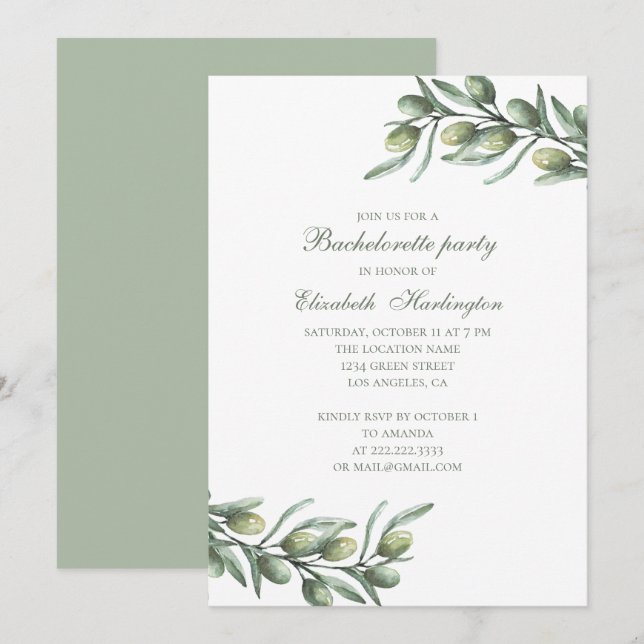 Olives. Italian bachelorette party. Summer botanic Invitation (Front/Back)