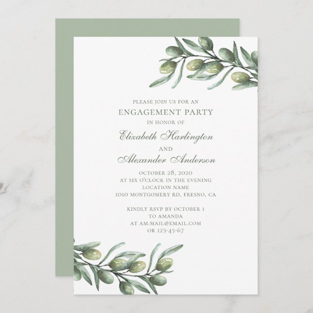 Olives. Italian engagement party. Summer botanical Invitation (Front/Back)