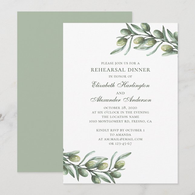 Olives. Italian rehearsal dinner. Summer botanical Invitation (Front/Back)