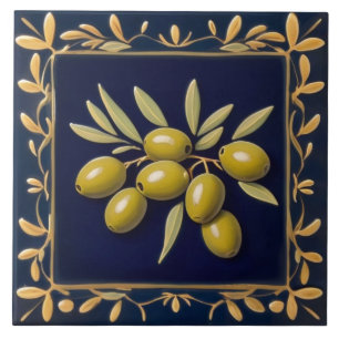 Olives Navy Blue Green Olive Leaves Mediterranean Tile