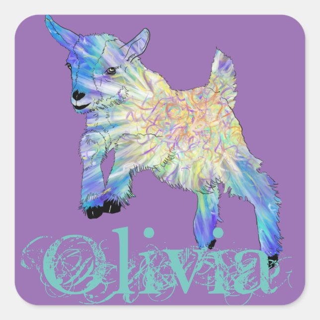 Olivia Add Name Colourful Cute Baby Goat Animal Square Sticker (Front)