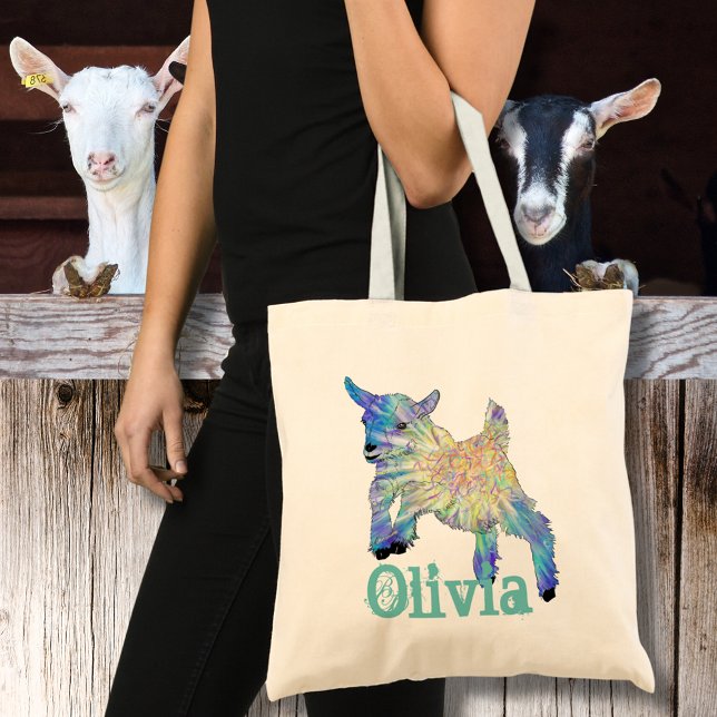 Olivia Colourful Cute Baby Goat Jumping Animal Art Tote Bag (Cute jumping goat farm a animal art custom name tote bag)