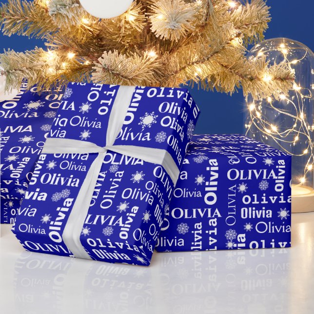 OLIVIA Custom Name With Snowflakes On Blue Wrapping Paper (Holidays)